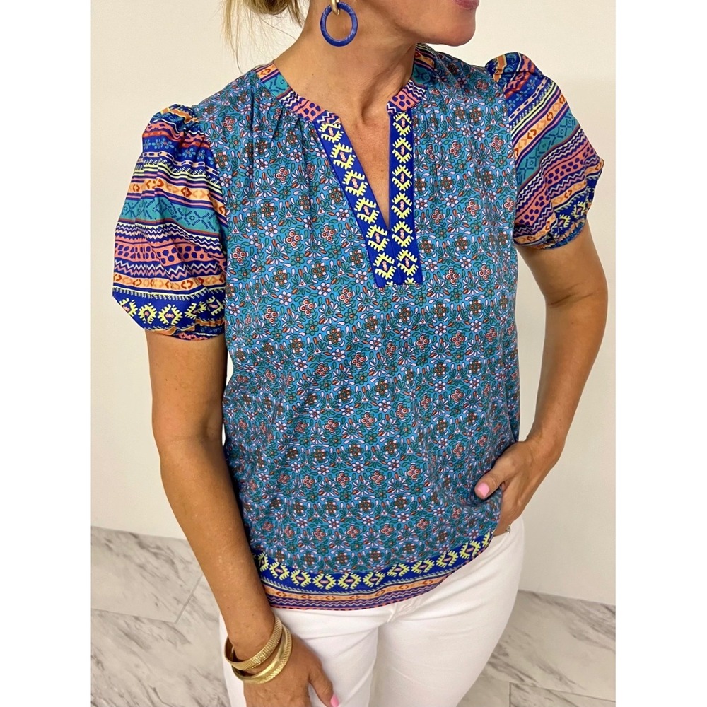 Current Air Los Angeles Blue Floral Belize Print Puff Sleeve Blouse XS